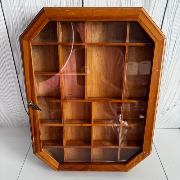 Vintage Wood & Glass Octagonal Wall Mounted Display Cabinet Trinkets Miniatures - Picture 1 of 10